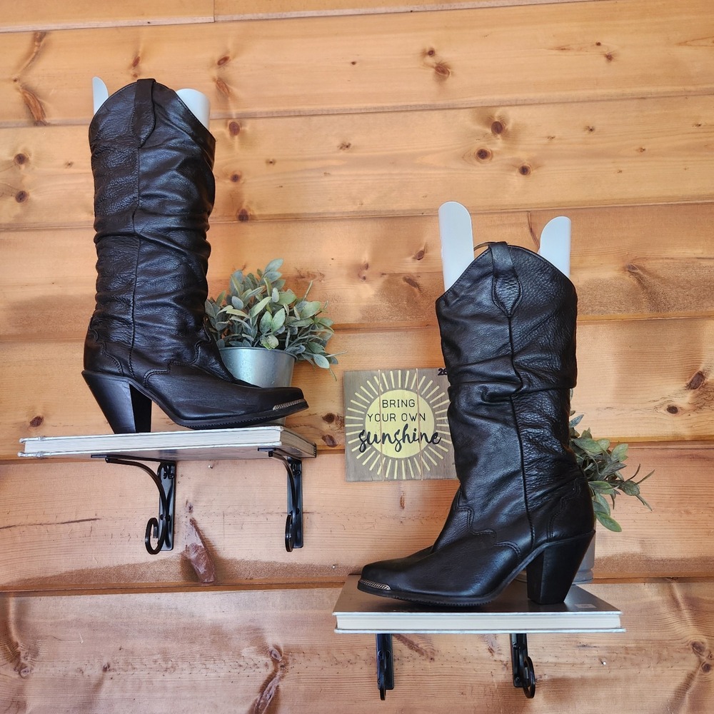 Vibram Sole Vintage Black Leather Western Slouch Heel Cowgirl Boots Festival 6M